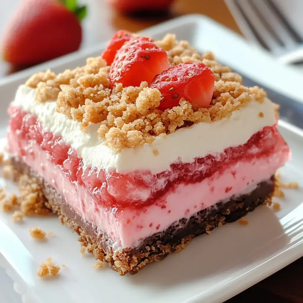 A decadent layered dessert featuring strawberry and cream layers topped with crumbled cookies and fresh strawberries.