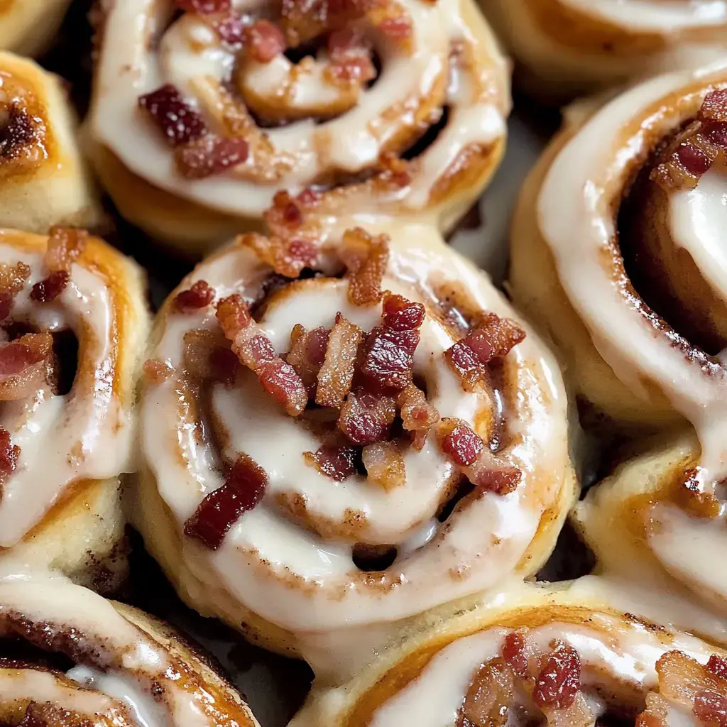 A close-up image of cinnamon rolls topped with cream cheese icing and crumbled bacon.