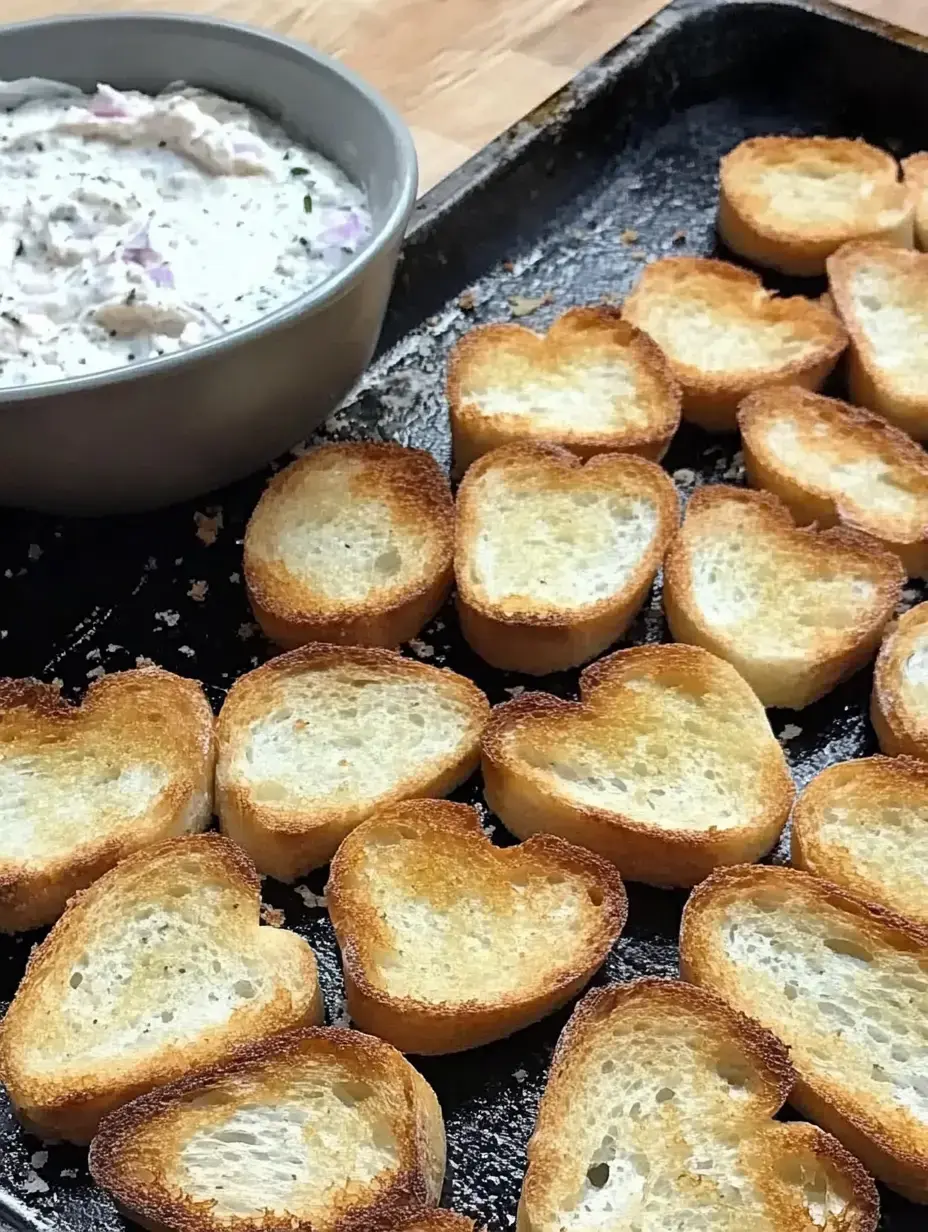 A plate of heart-shaped toasted bread slices is arranged next to a bowl of creamy dip.