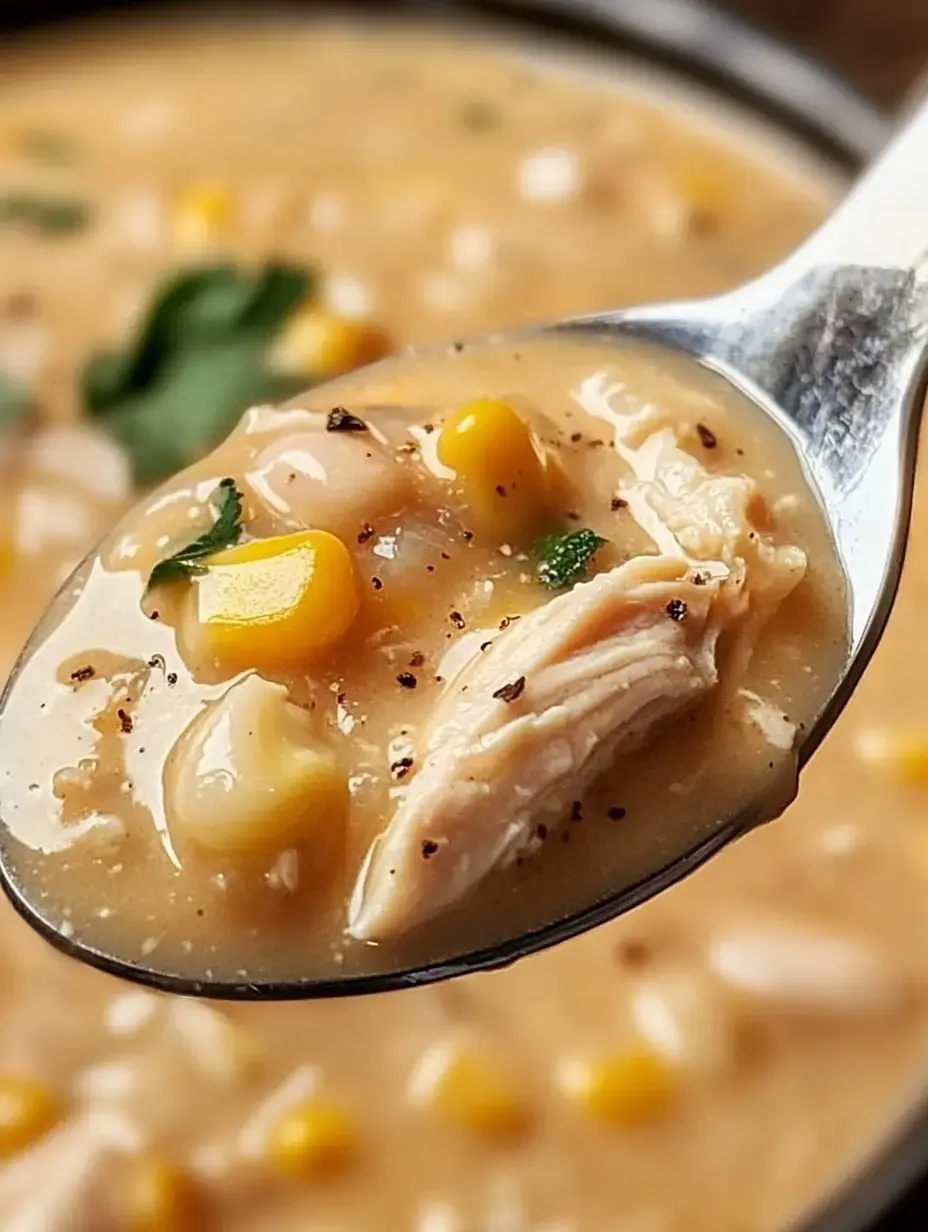 A spoonful of creamy chicken soup with corn and herbs.