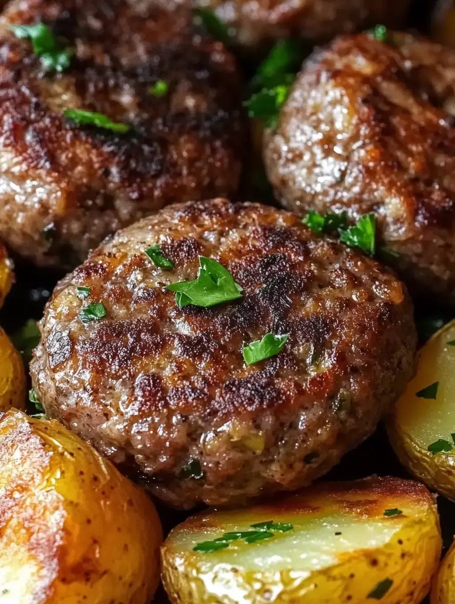 A close-up of browned meat patties garnished with parsley, accompanied by crispy golden-brown potatoes.