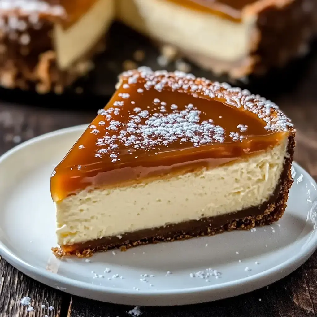 A slice of caramel cheesecake with a graham cracker crust, topped with a shiny caramel glaze and a dusting of powdered sugar, on a white plate.