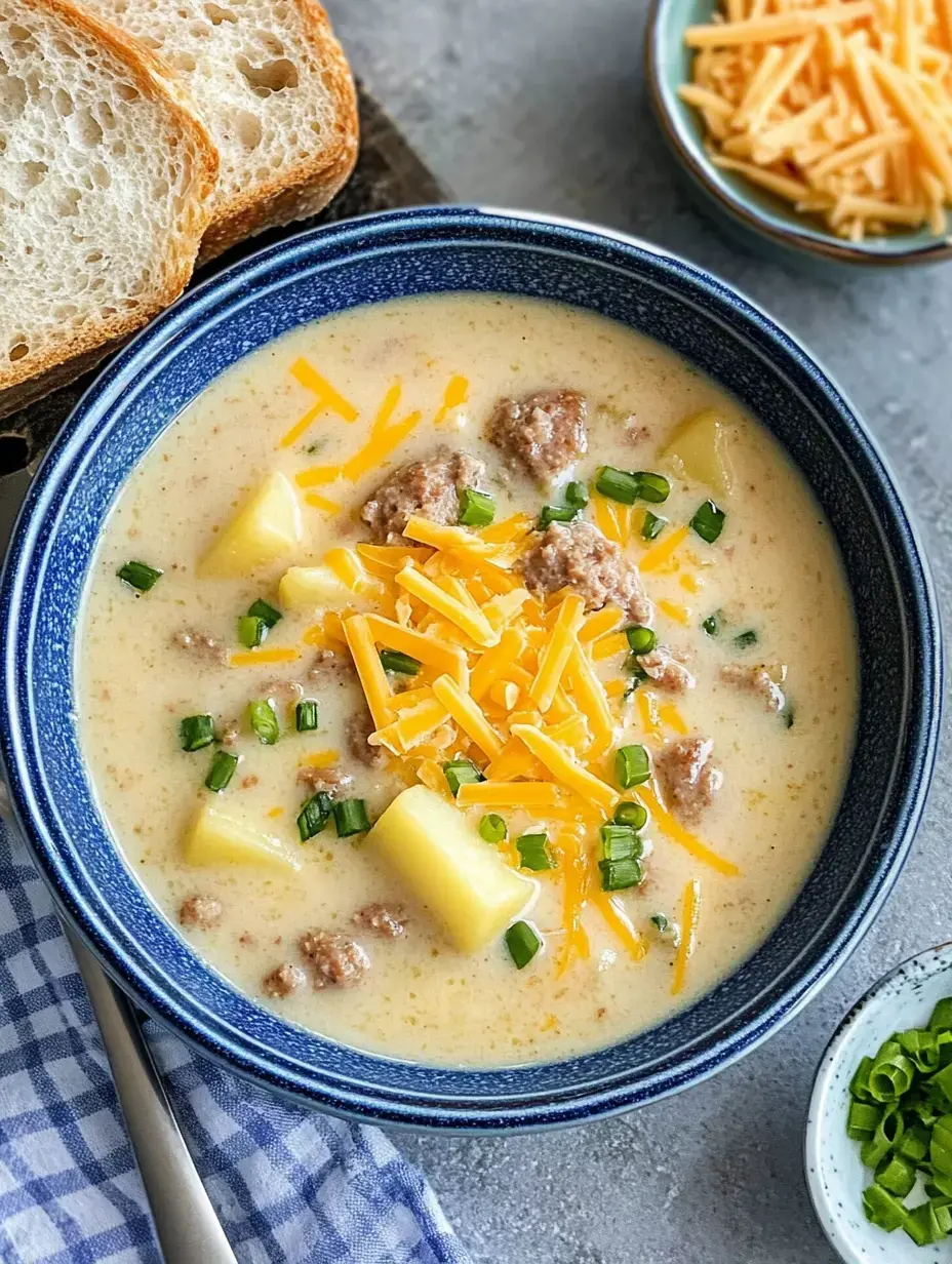 A blue bowl filled with creamy soup containing sausage, potatoes, and green onions, topped with shredded cheese, accompanied by slices of bread and a small dish of shredded cheese.