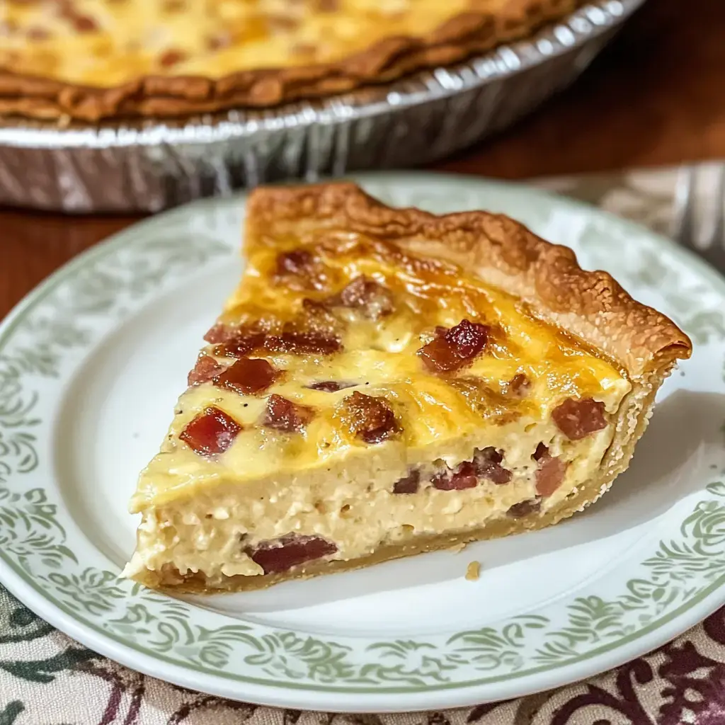 A slice of baked quiche with a golden crust, filled with eggs and pieces of bacon, served on a decorative plate.