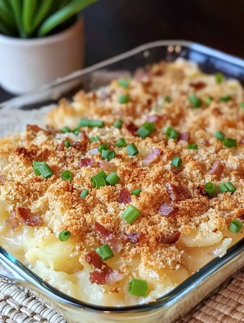 A baked dish of creamy macaroni topped with crispy breadcrumbs, bacon bits, and green onions, presented in a glass dish.