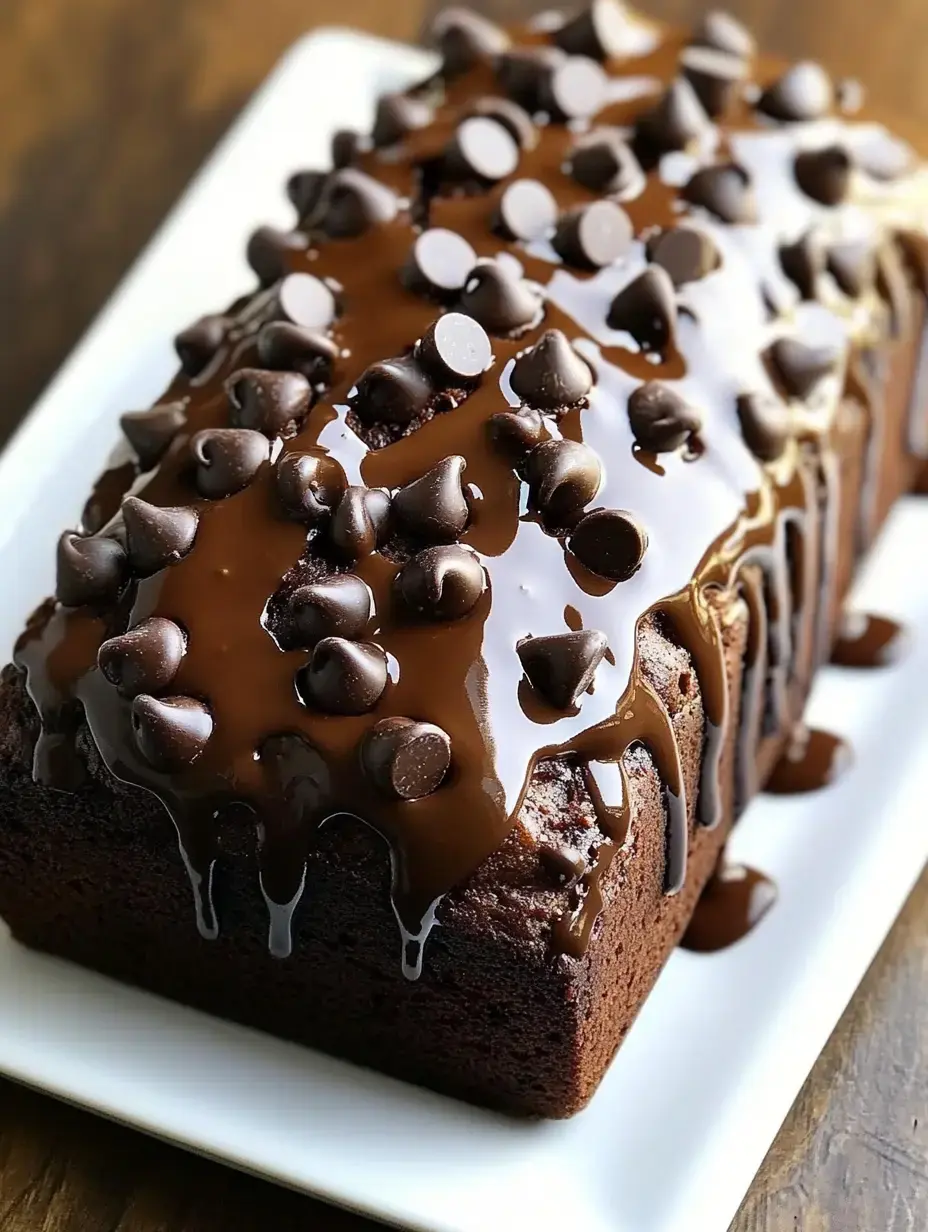 A moist chocolate loaf cake topped with melted chocolate and chocolate chips drizzled over the surface.