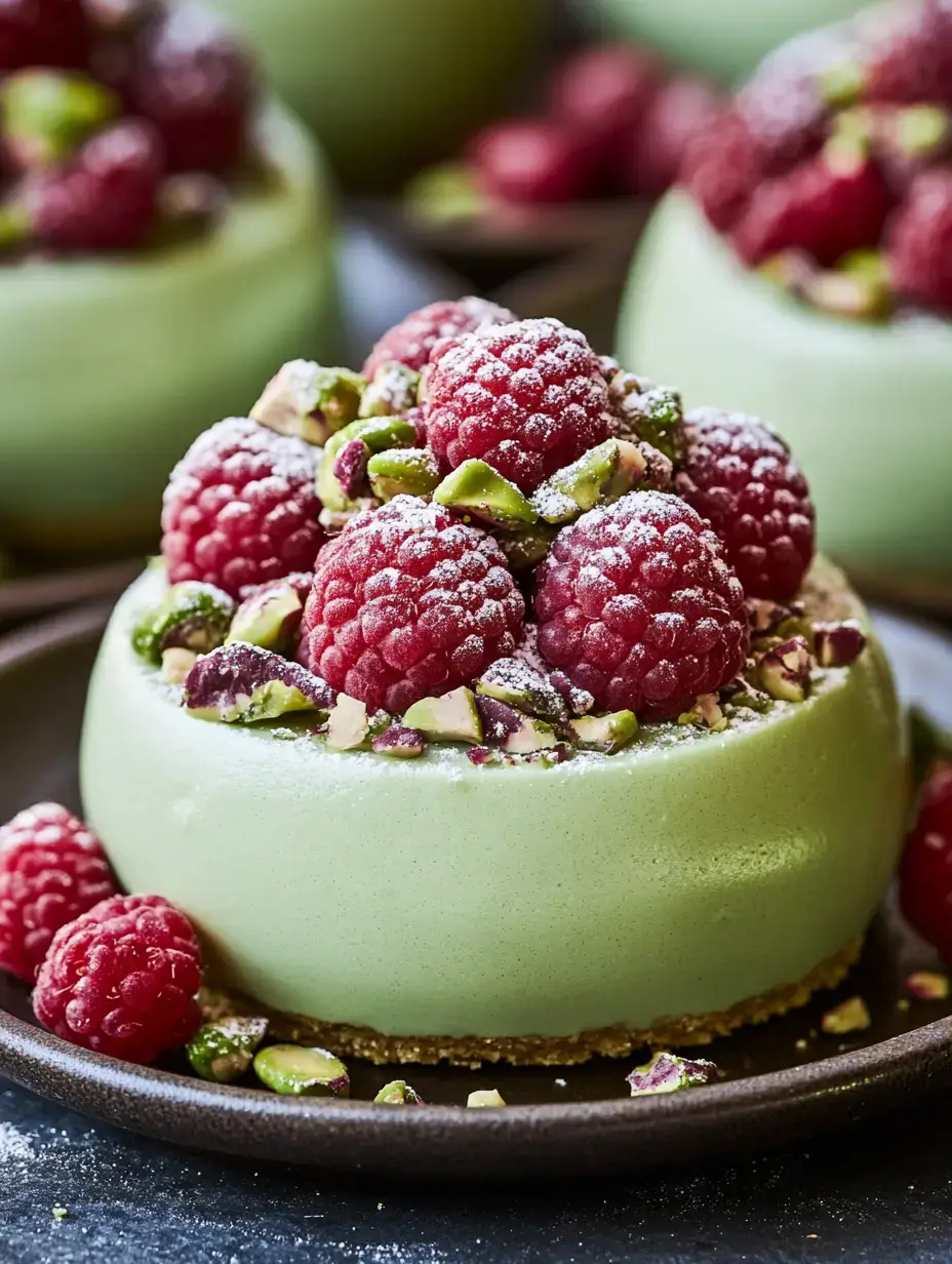 A beautifully arranged dessert featuring a pale green mousse topped with raspberries, crushed pistachios, and a dusting of powdered sugar.