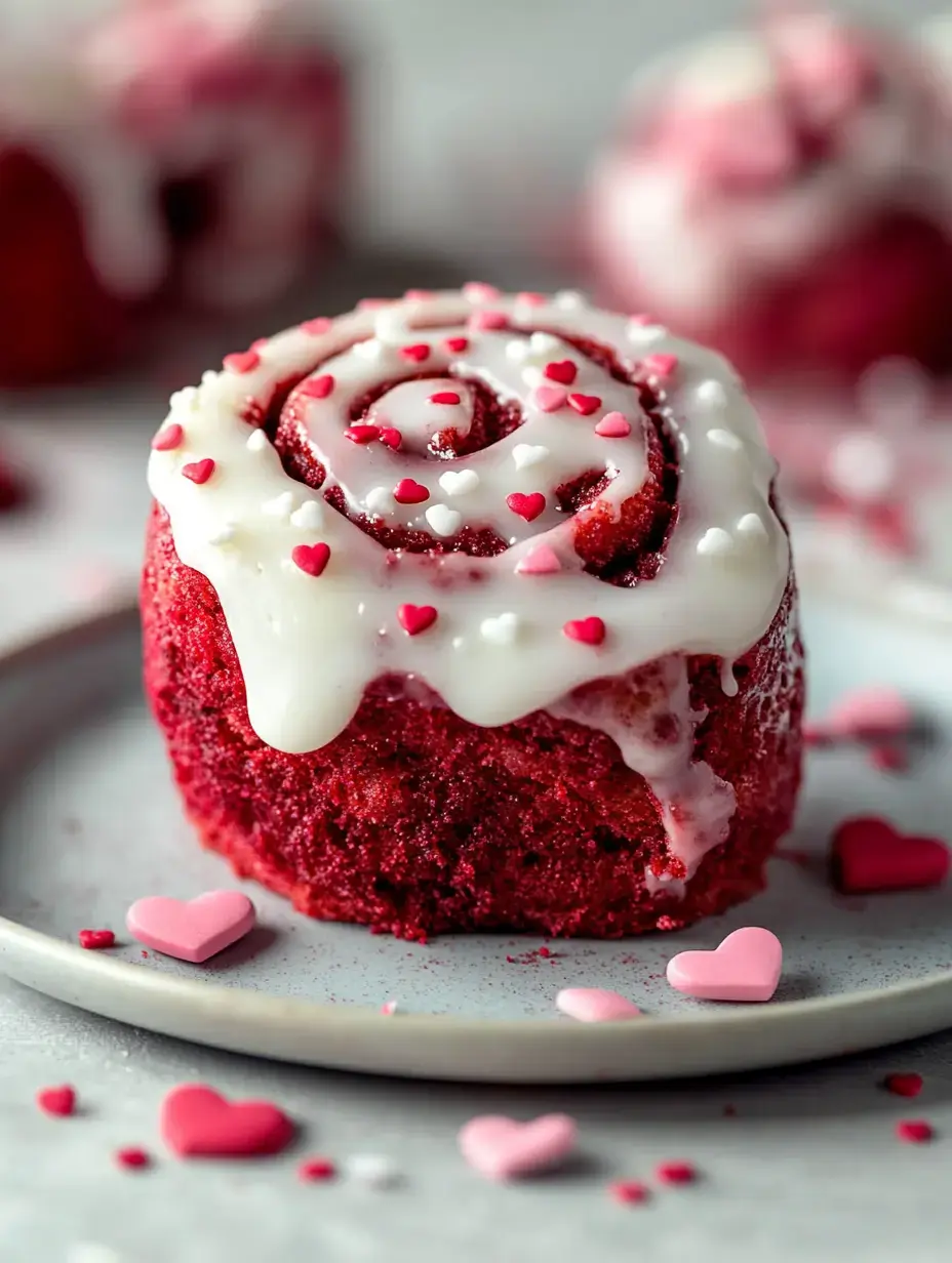 A close-up of a red velvet cinnamon roll topped with white icing and decorated with small red and pink heart-shaped sprinkles on a plate.