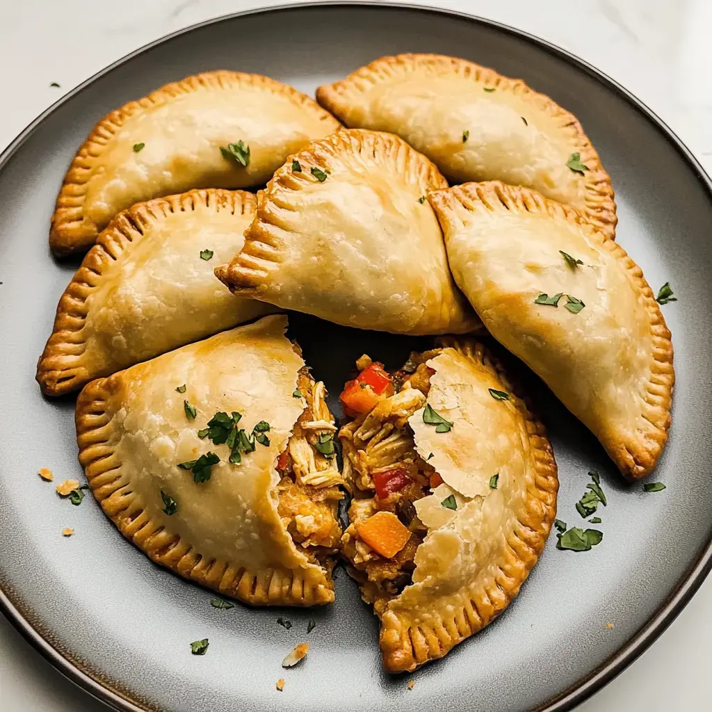 A plate of golden-brown empanadas, with one split open to reveal a filling of shredded chicken, vegetables, and herbs.