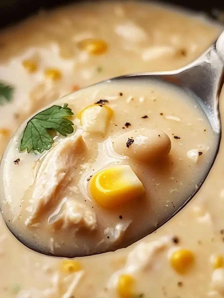 A close-up image of a spoonful of creamy chicken soup with corn and herbs.