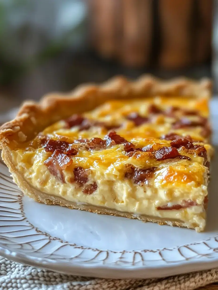 A slice of quiche with a flaky crust, filled with a creamy egg mixture, cheese, and bits of bacon, served on a decorative plate.