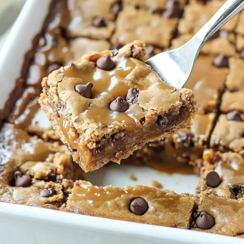 A fork is lifting a piece of gooey chocolate chip caramel dessert from a pan, with more squares visible in the background.