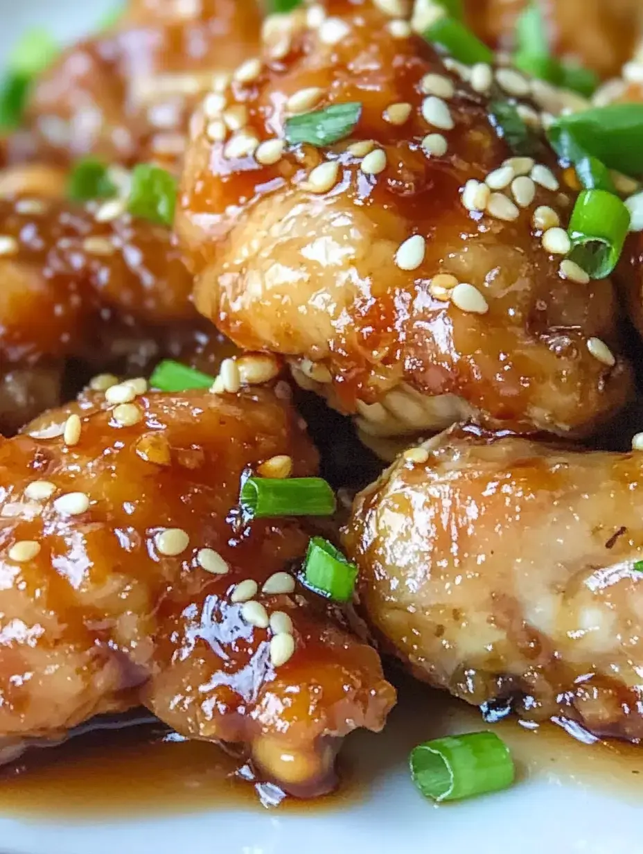 A close-up of glazed chicken pieces topped with sesame seeds and chopped green onions.