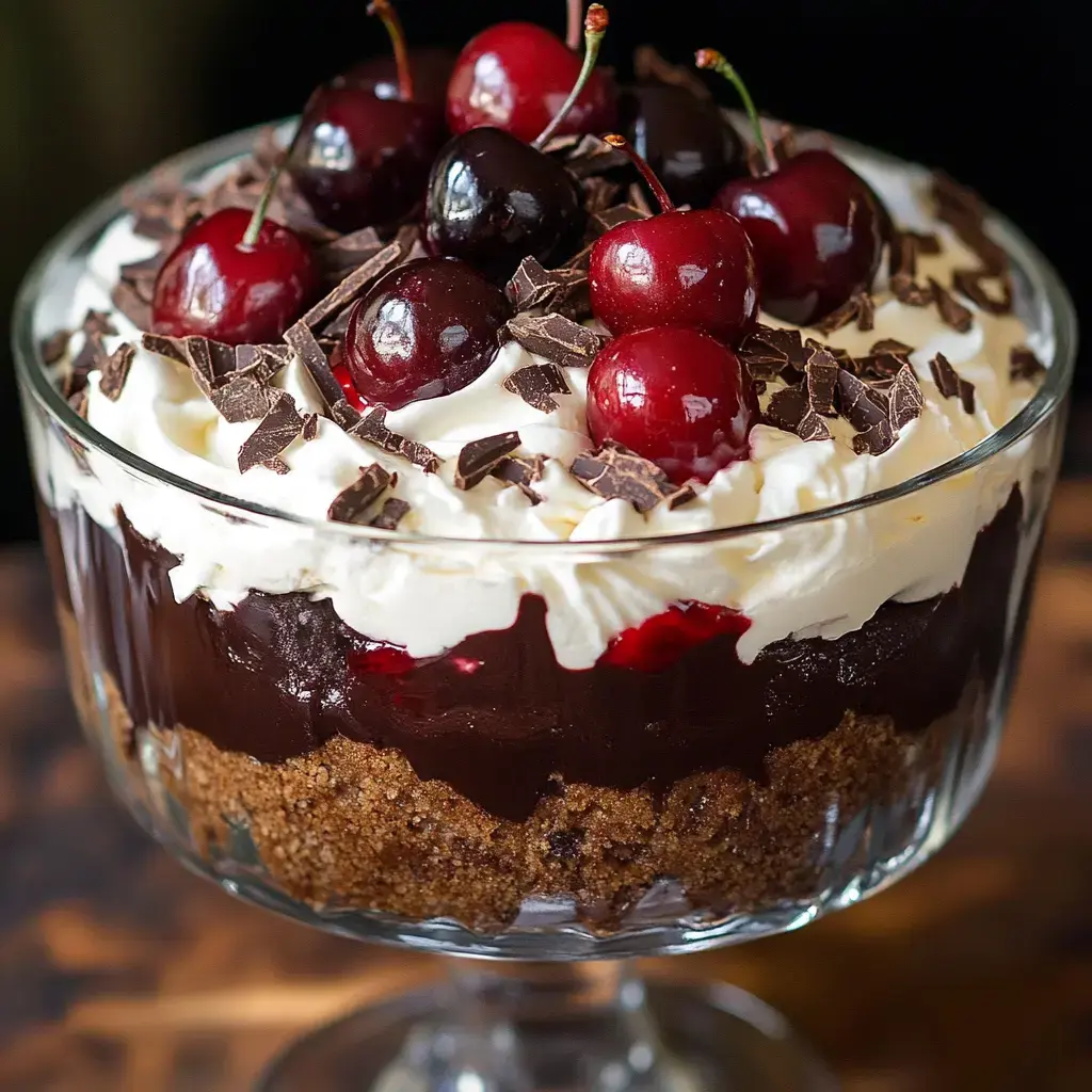 A layered dessert in a glass bowl featuring chocolate pudding, whipped cream, crushed cookies, and topped with fresh cherries and chocolate shavings.