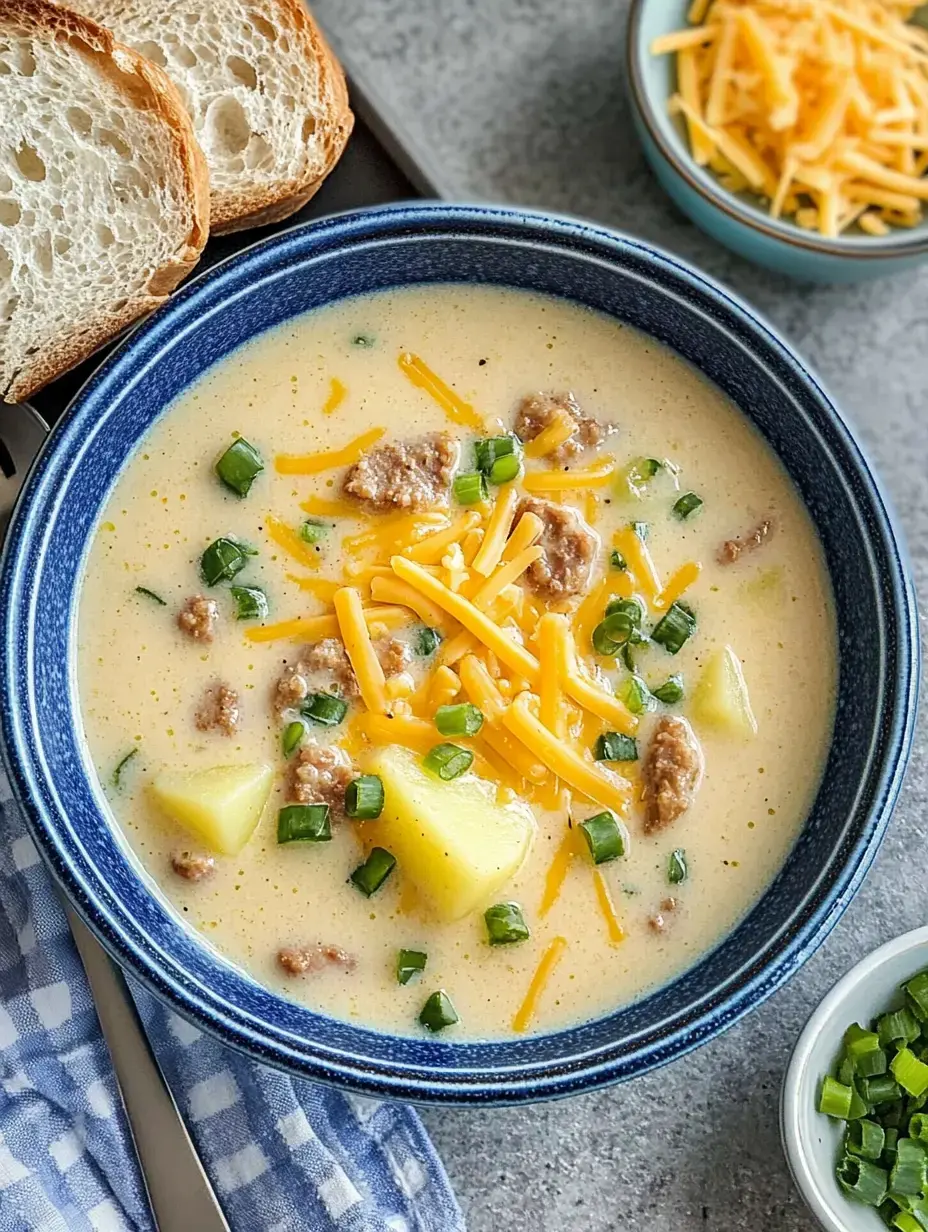 A blue bowl filled with creamy potato and sausage soup topped with shredded cheese and green onions, accompanied by slices of bread and a small bowl of additional shredded cheese.