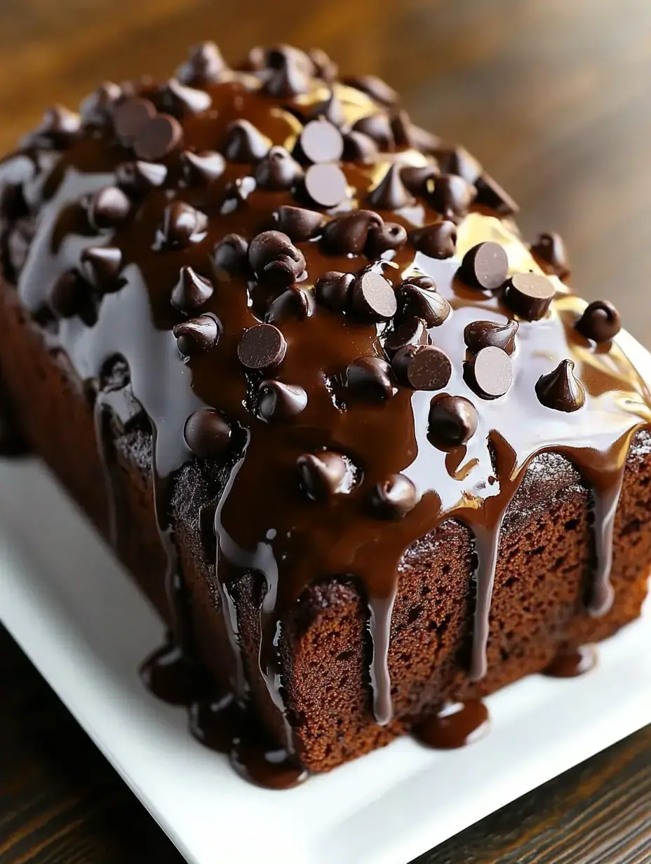 A decadent chocolate loaf cake topped with glossy chocolate drizzle and chocolate chips.