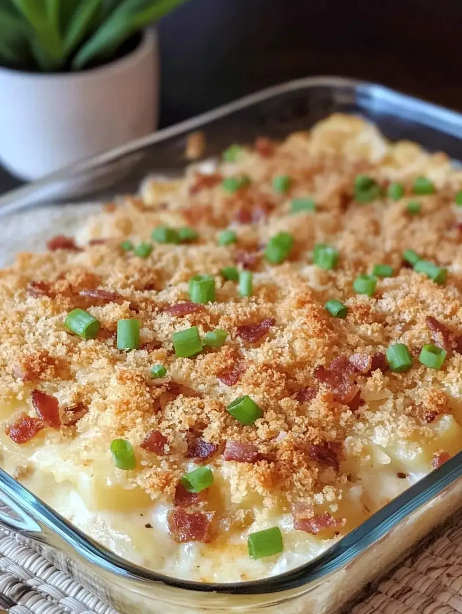 A glass baking dish filled with creamy baked potatoes topped with crispy bacon bits and chopped green onions, placed on a woven mat beside a small potted plant.