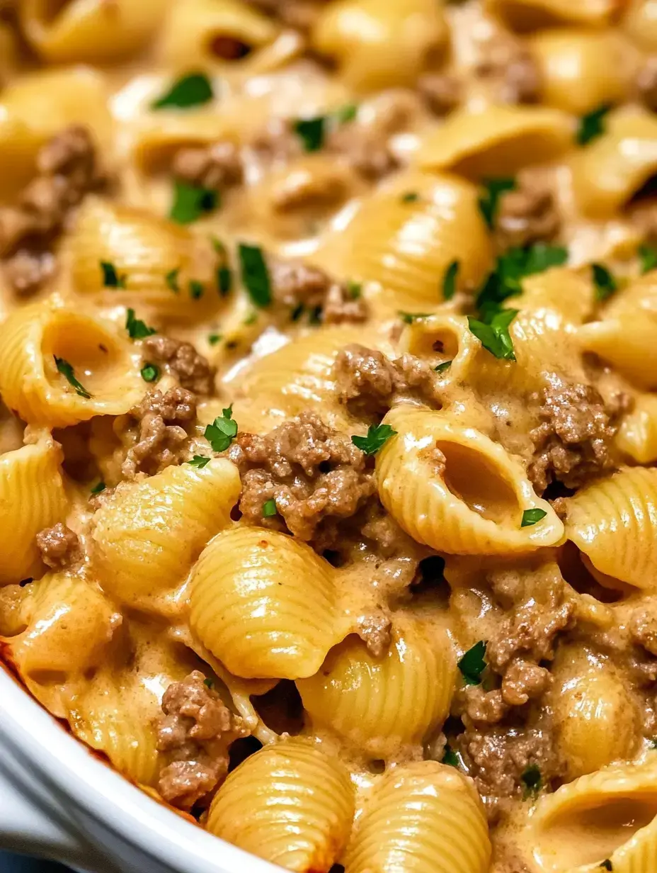 A creamy pasta dish featuring shell-shaped pasta and ground beef, garnished with chopped parsley.