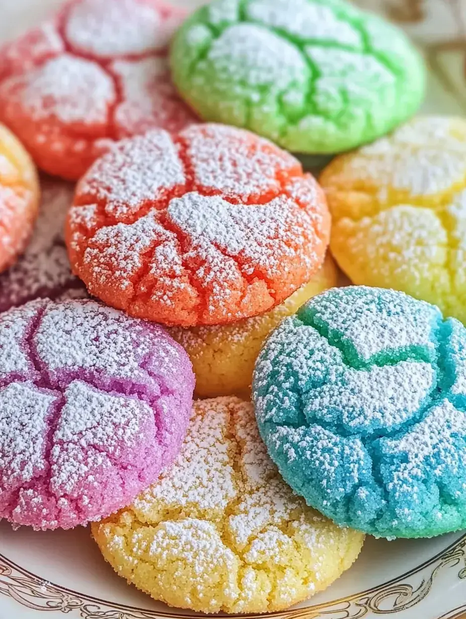 A colorful assortment of powdered sugar-dusted cookies in various shades of pink, orange, yellow, green, and blue.