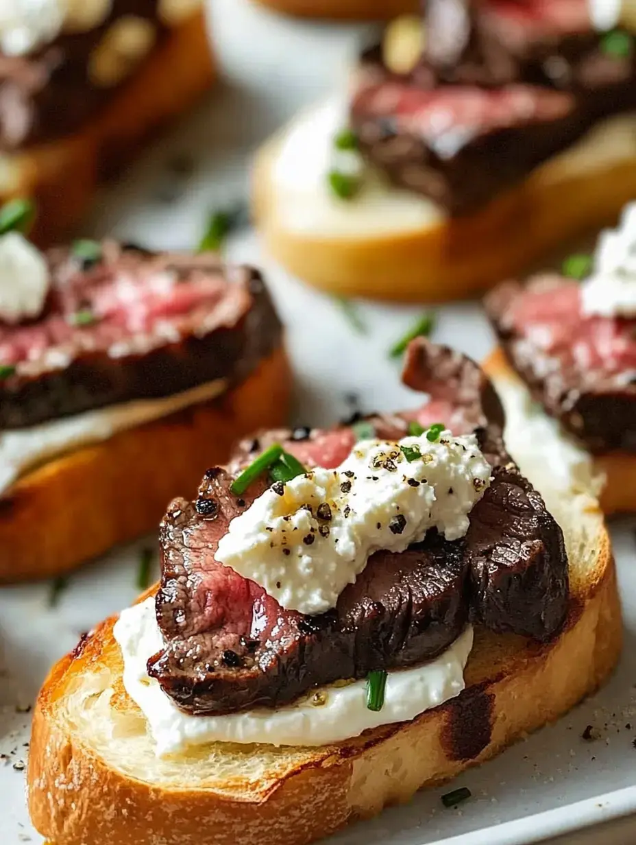 A close-up of toasted bread topped with slices of beef, creamy spread, and garnished with herbs and pepper.