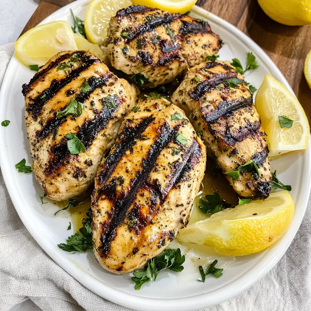 Grilled chicken breasts garnished with herbs and served with lemon wedges on a white platter.