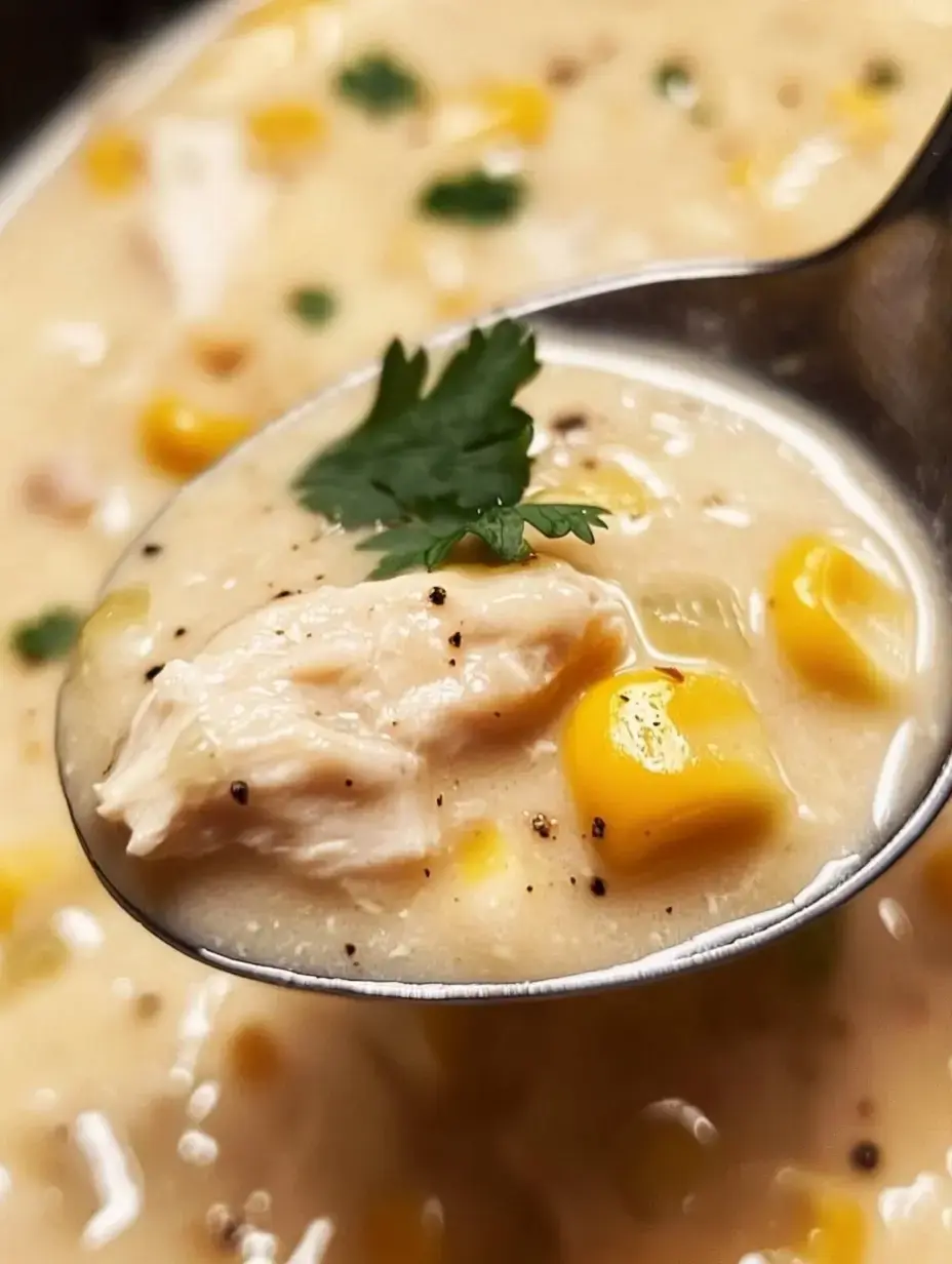 A spoonful of creamy soup featuring pieces of chicken, corn, and garnished with a sprig of cilantro.