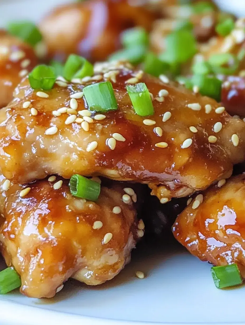 A close-up of glazed chicken pieces garnished with sesame seeds and chopped green onions.