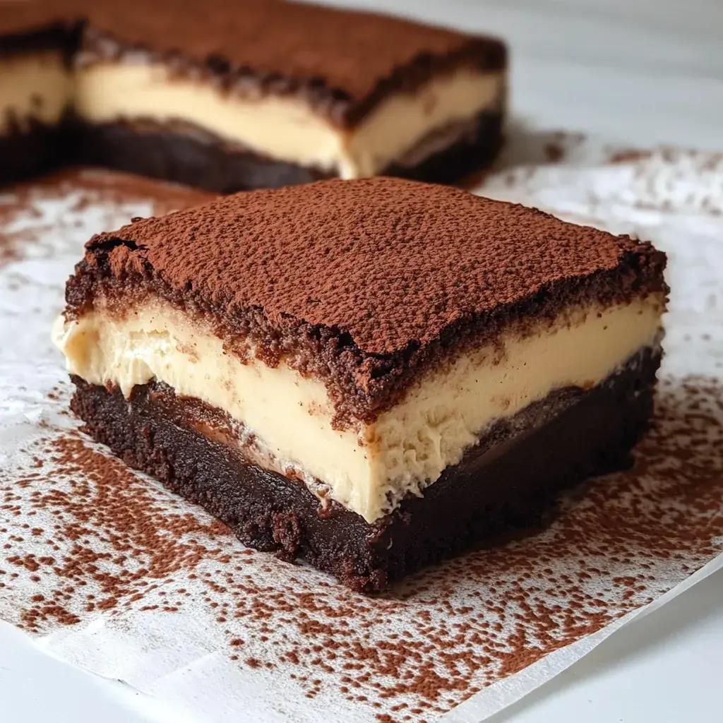 A close-up of a layered dessert featuring chocolate cake, creamy filling, and a dusting of cocoa powder on top.