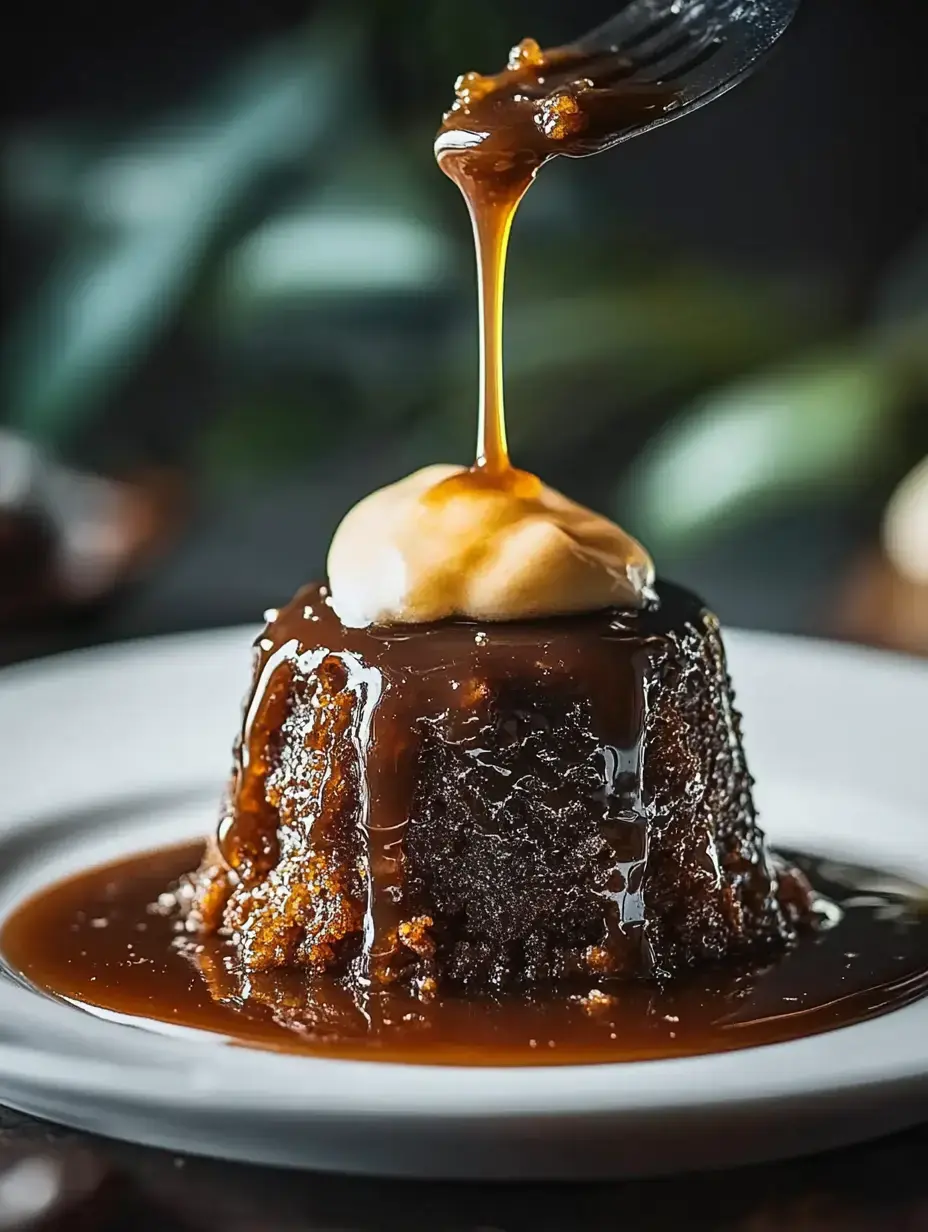 A warm sticky toffee pudding drizzled with caramel sauce and topped with a dollop of cream on a white plate.