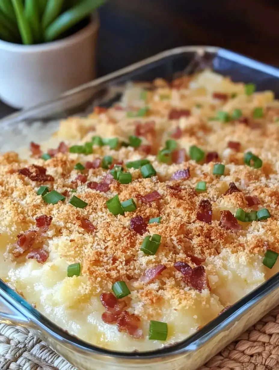 A glass dish of creamy baked potatoes topped with crispy bacon bits, green onions, and golden breadcrumbs, with a small potted plant in the background.