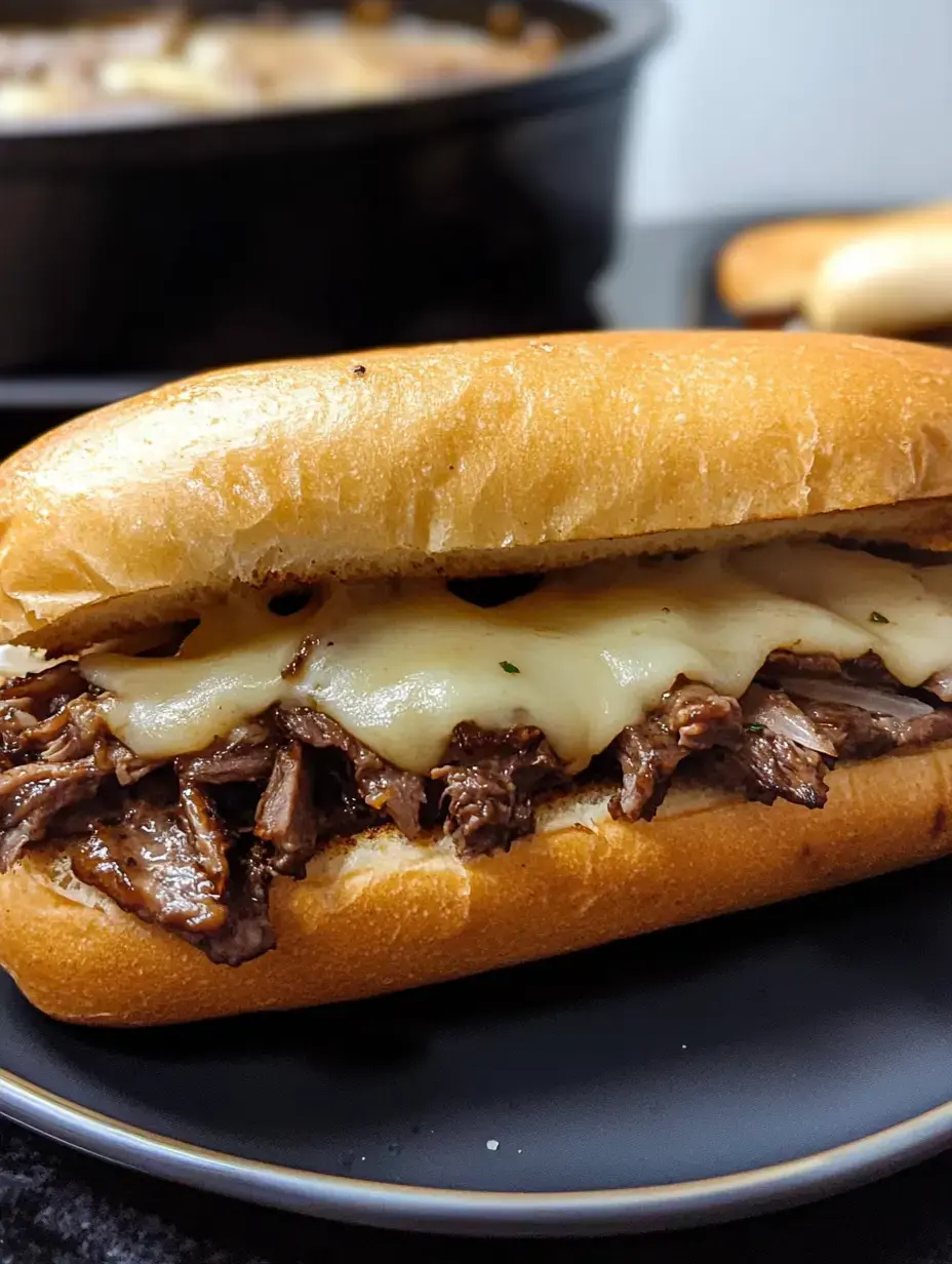 A close-up of a beef sandwich filled with shredded beef and melted cheese, served in a soft bread roll.