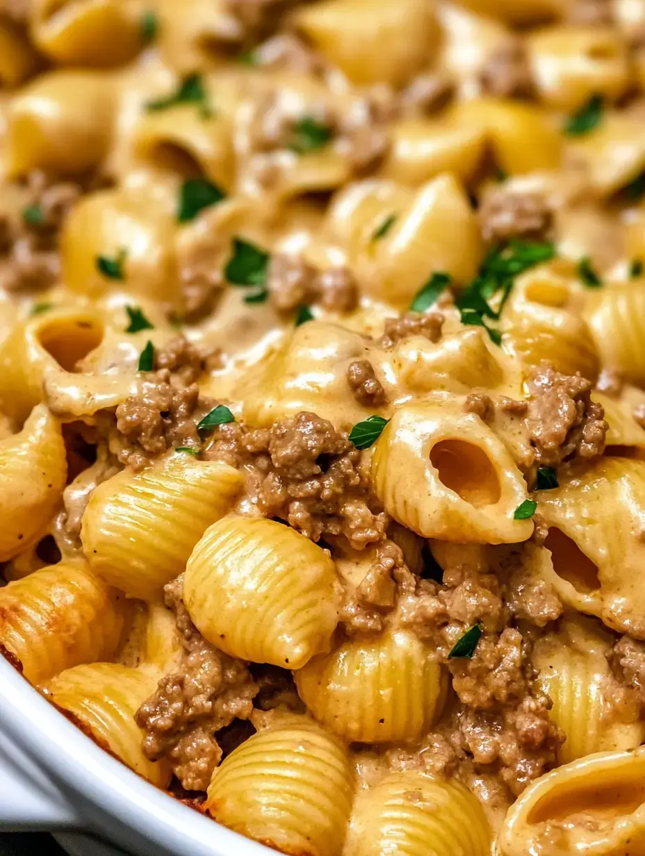 A close-up of creamy pasta shells mixed with ground meat and garnished with parsley.