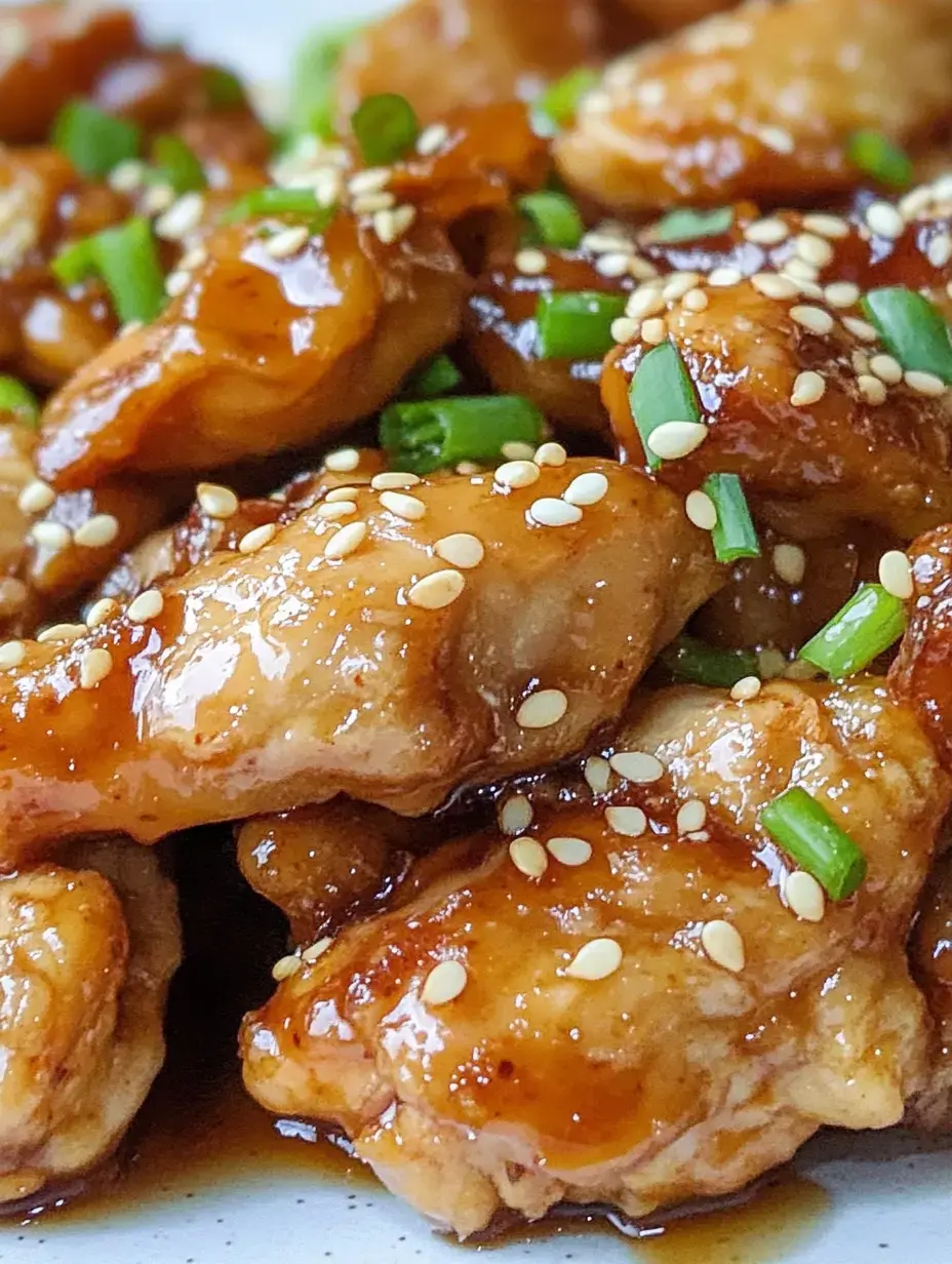 A close-up of tender chicken pieces glazed in a savory sauce, garnished with sesame seeds and chopped green onions.