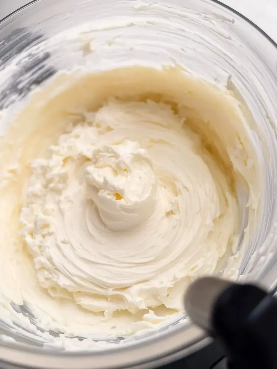 A close-up view of creamy, whipped frosting or buttercream in a mixing bowl.