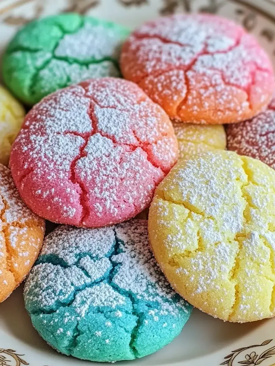 A colorful assortment of cracked, powdered sugar-coated cookies in shades of green, pink, orange, blue, and yellow is displayed on a decorative plate.