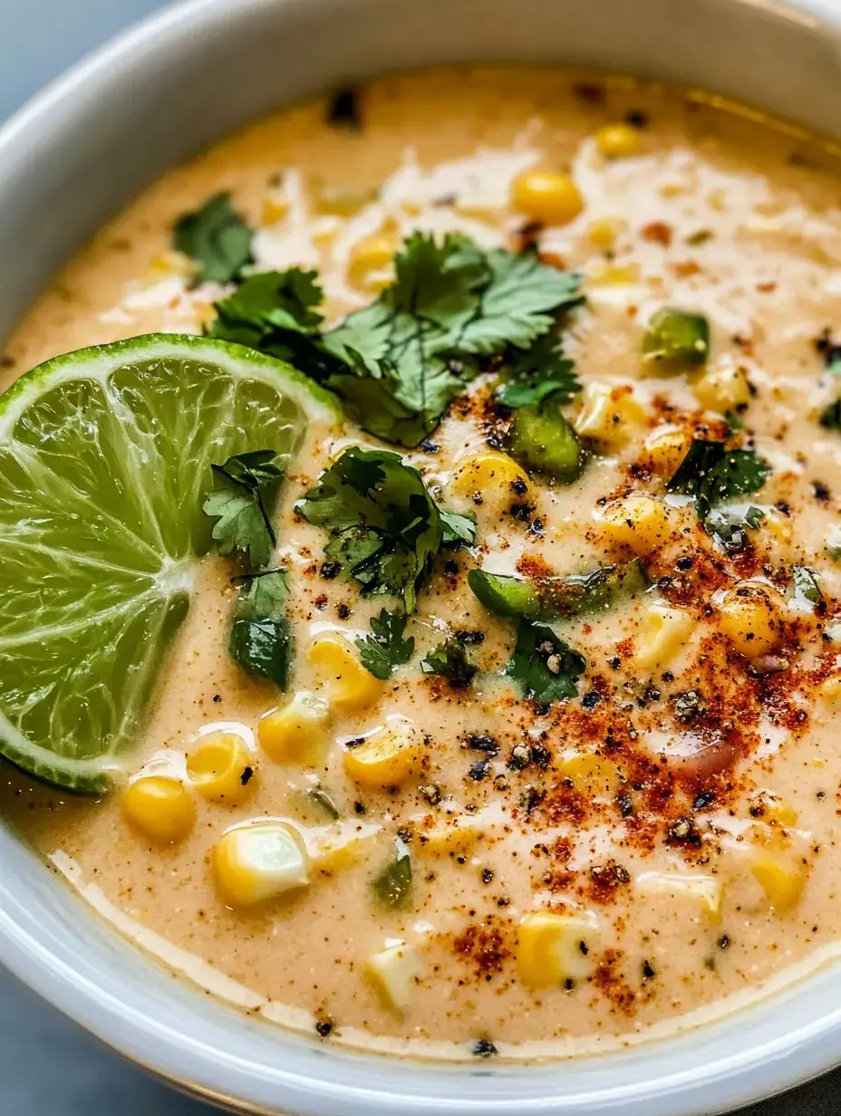 A creamy soup with corn, topped with fresh cilantro, green onions, and a lime wedge, served in a white bowl.