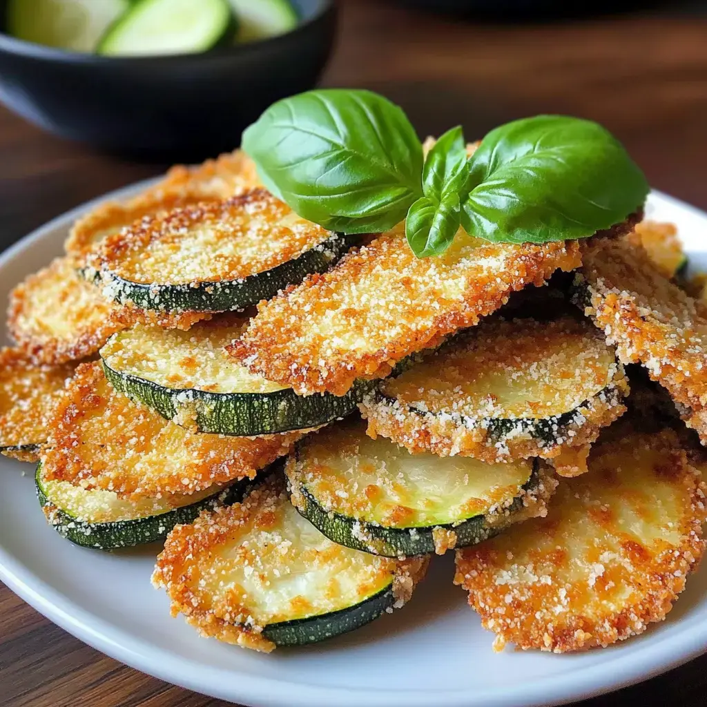 A plate of crispy, golden-brown zucchini slices is garnished with fresh basil leaves.