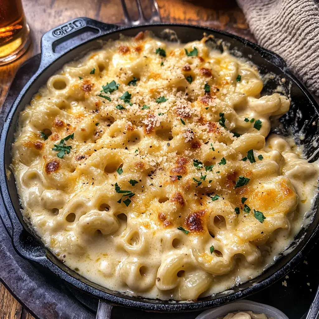 A cast-iron skillet holds a serving of creamy, baked macaroni and cheese topped with crispy breadcrumbs and garnished with parsley.