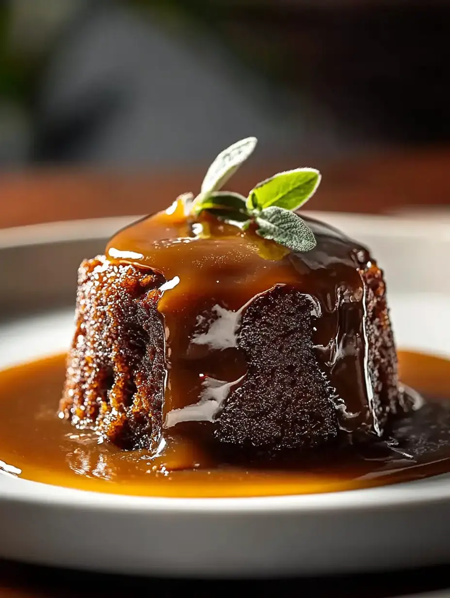 A moist chocolate dessert drizzled with caramel sauce and garnished with a sprig of fresh herb on a plate.