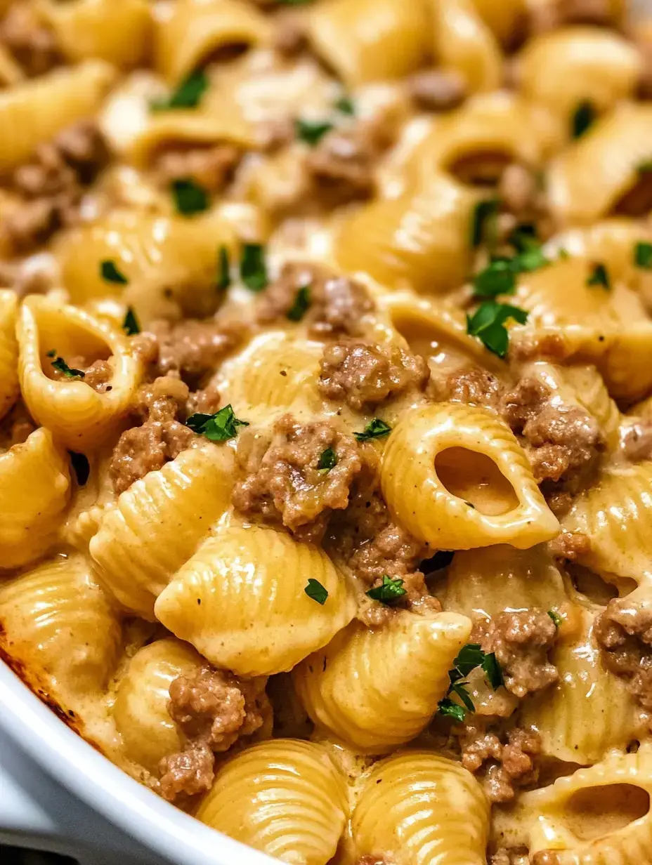 A close-up of creamy pasta shells mixed with savory ground meat and garnished with fresh parsley.