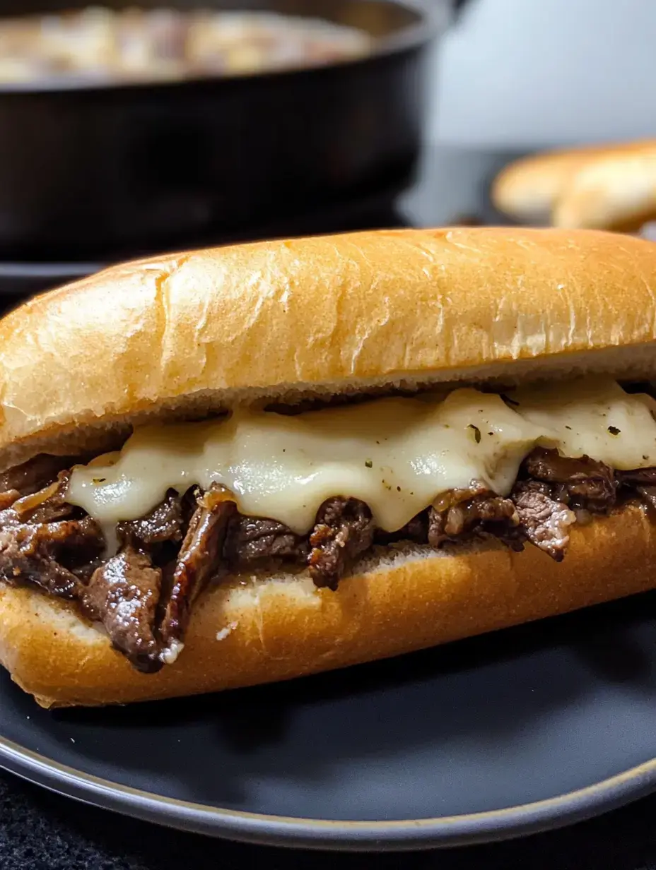 A close-up of a sandwich filled with cooked beef and melted cheese, served in a soft hoagie roll, with a pot in the background.