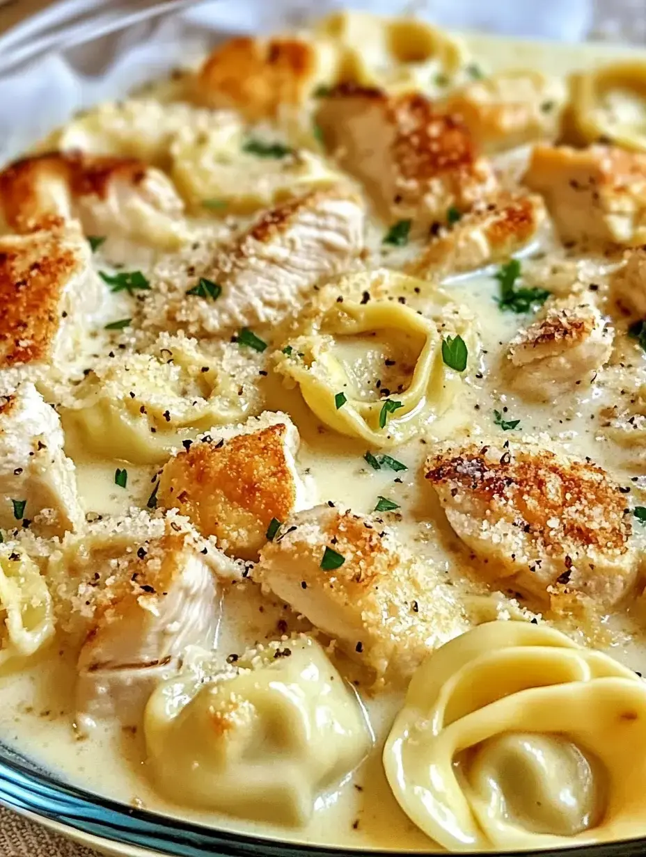 A close-up view of a creamy chicken and tortellini dish garnished with parsley and black pepper.