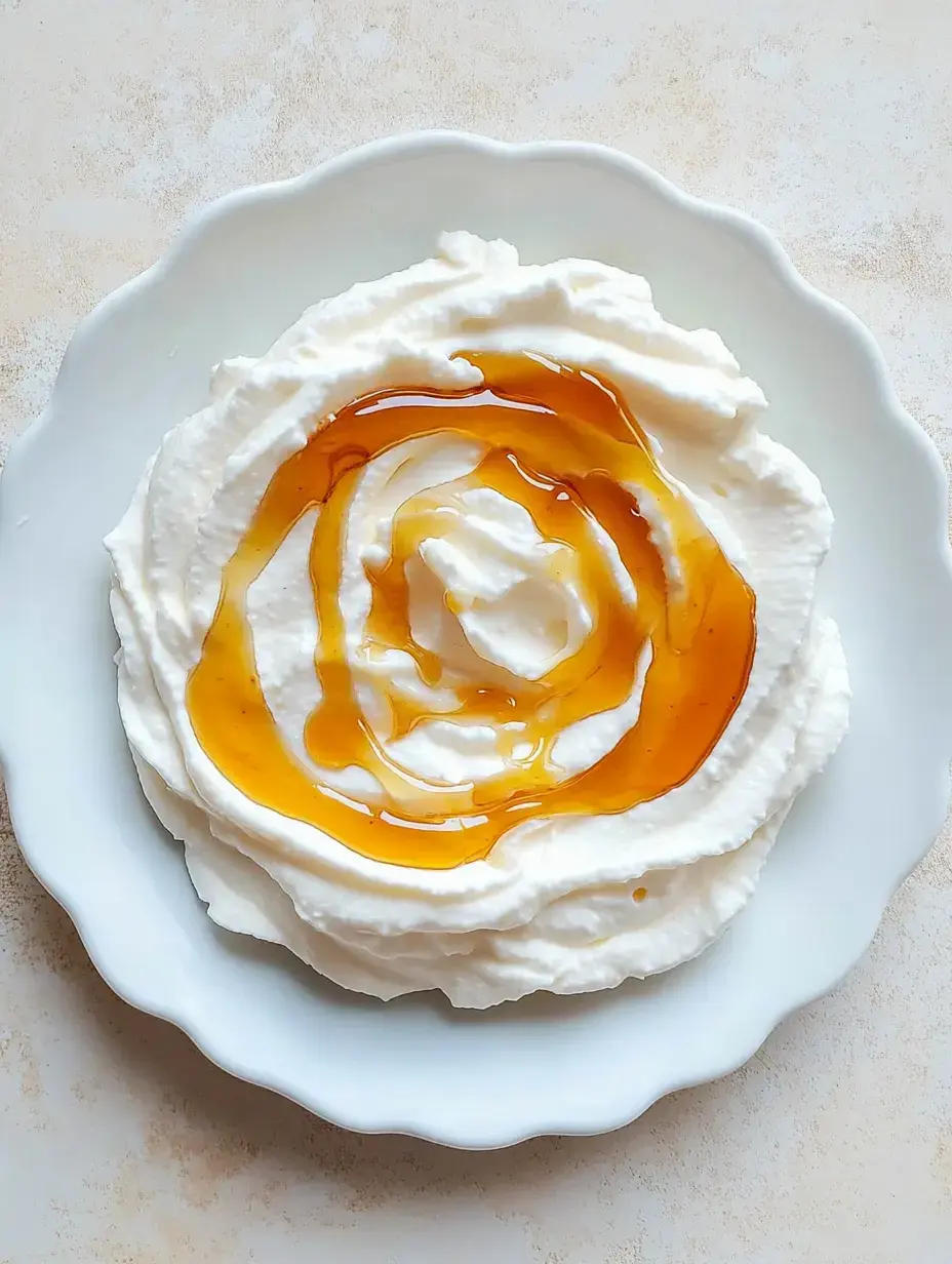 A plate of whipped cream drizzled with a golden syrup in a spiral pattern.