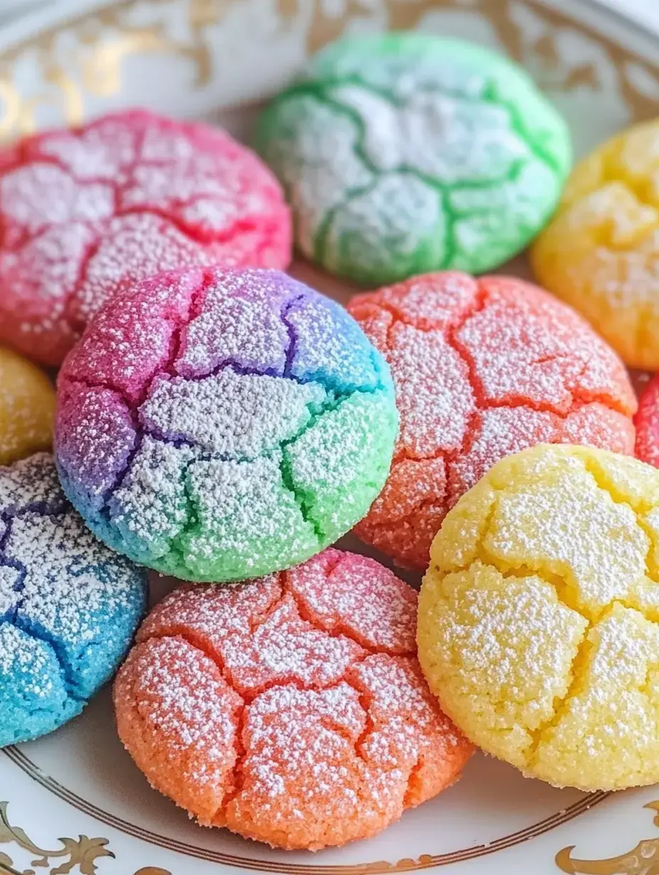 A plate displays a variety of colorful crinkle cookies dusted with powdered sugar.