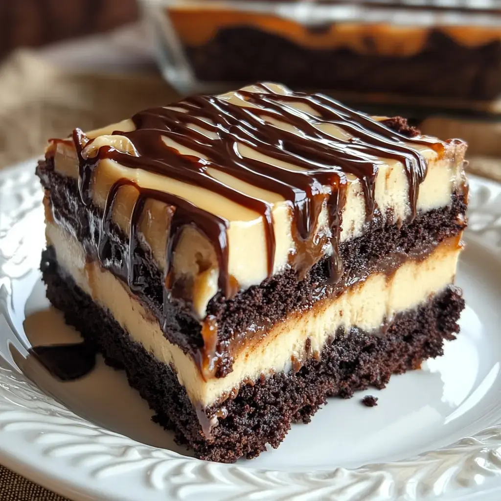 A decadent slice of layered chocolate dessert featuring chocolate cake, creamy filling, and a drizzle of chocolate sauce on top.