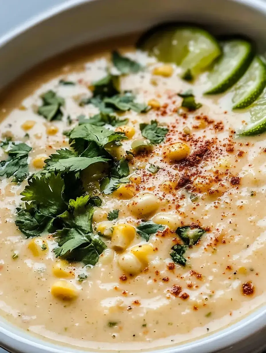 A creamy soup topped with fresh cilantro, corn, and lime wedges.