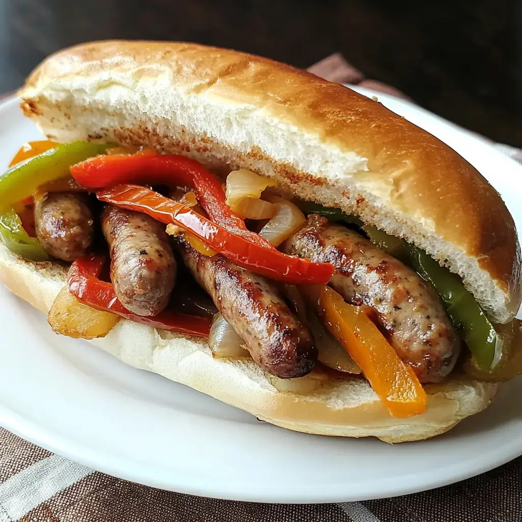 A sausage sandwich filled with grilled sausages, sautéed bell peppers, and onions on a bun.