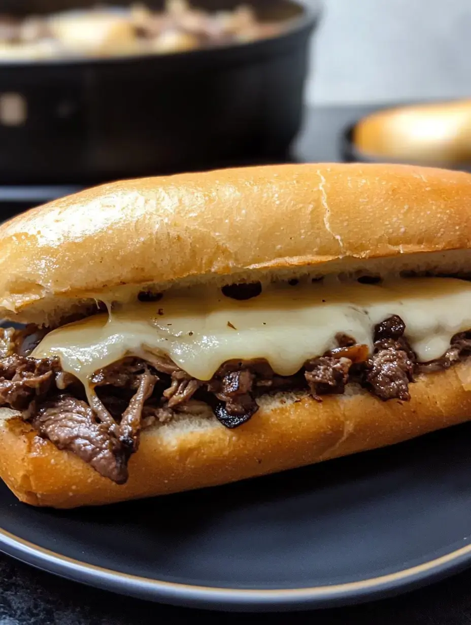 A close-up of a toasted sandwich filled with sliced beef and melted cheese on a soft hoagie roll.