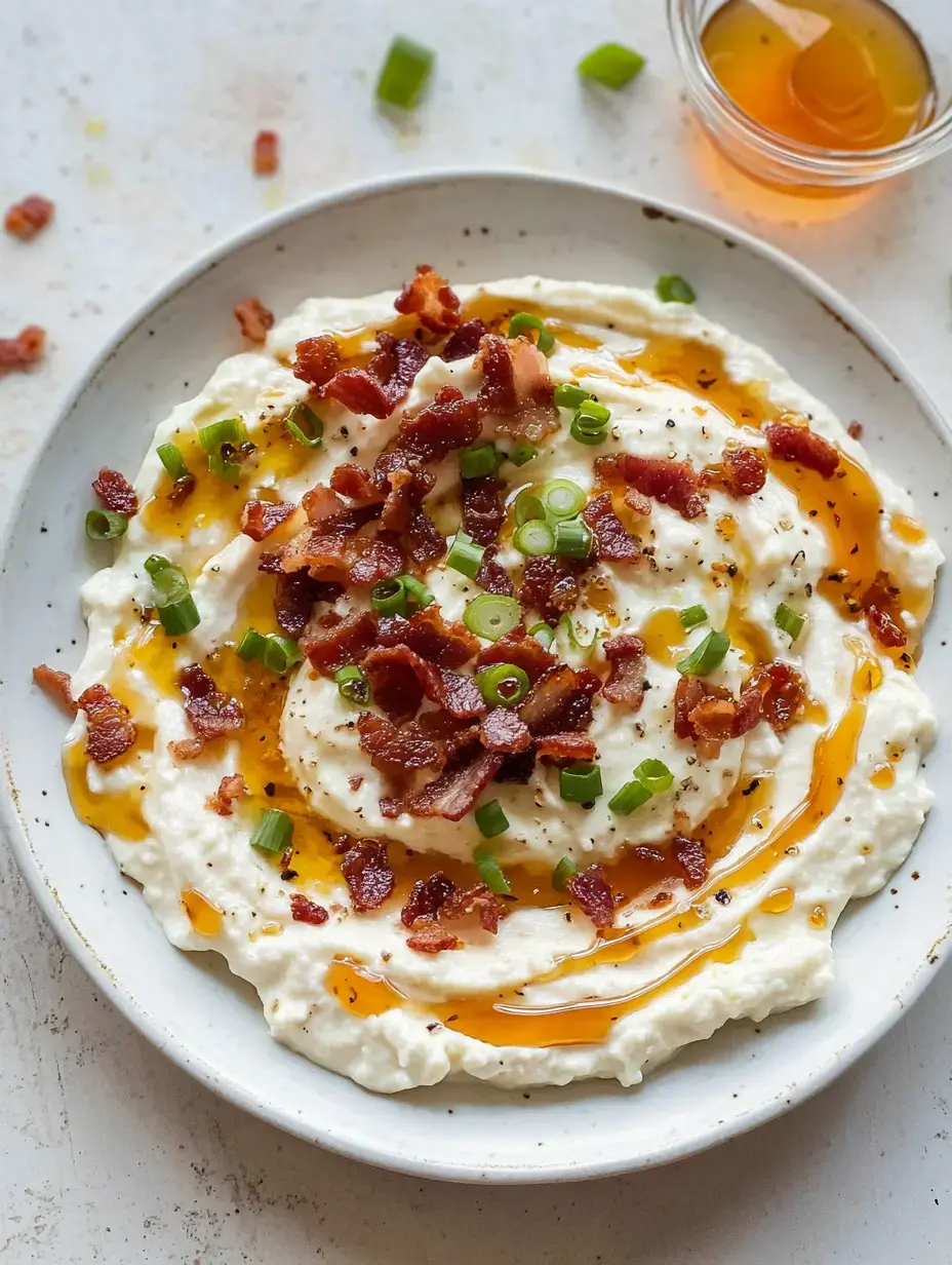 A plate of creamy mashed potatoes topped with crispy bacon, green onions, and a drizzle of honey.