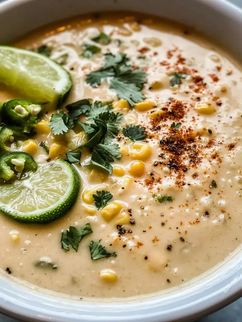 A creamy corn soup topped with cilantro, sliced jalapeños, lime wedges, and a sprinkle of paprika.